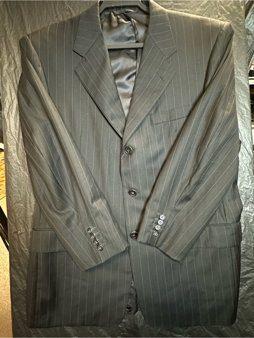 Hickey Freeman Black Pinstripe Three-Button Suit Jacket